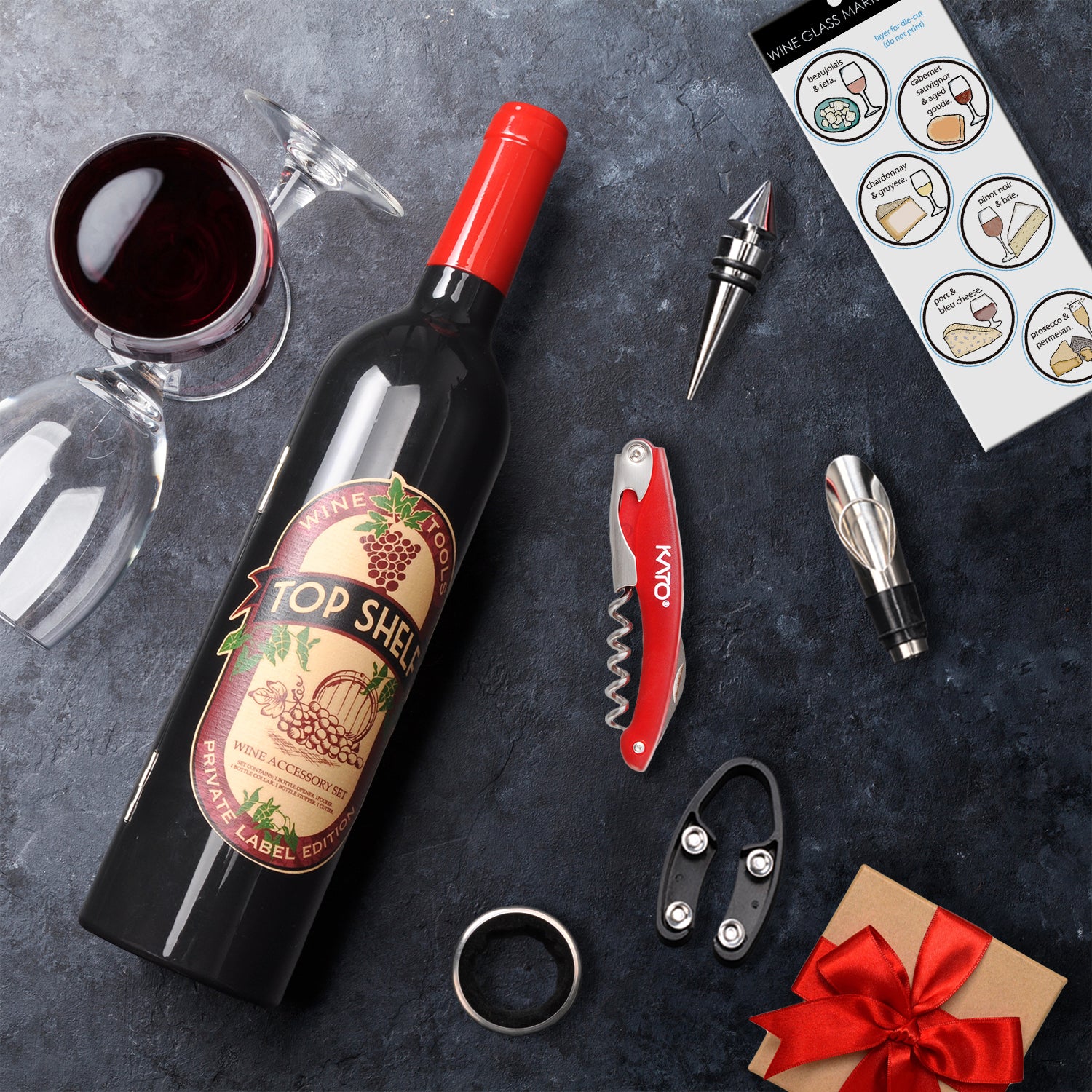 Wine Bottle Opener Set 5 Pcs with Drip Ring Red & Black