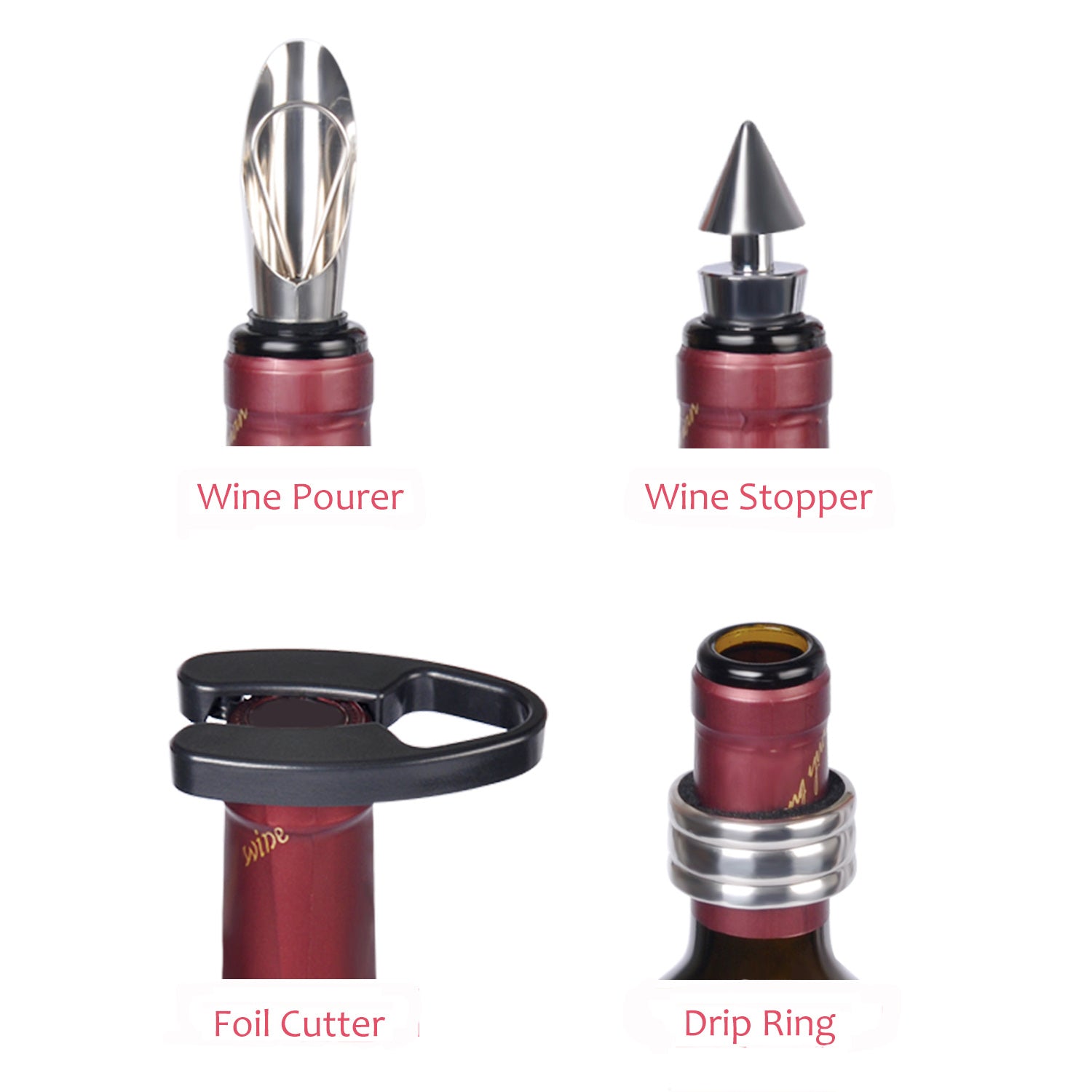 Wine Bottle Opener Set 5 Pcs with Drip Ring Red & Black