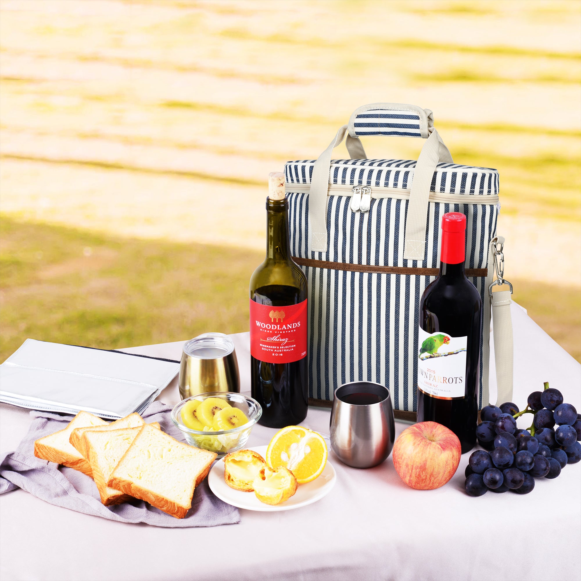 Blue Stripe 3 Bottle Wine Carrier with Corkscrew