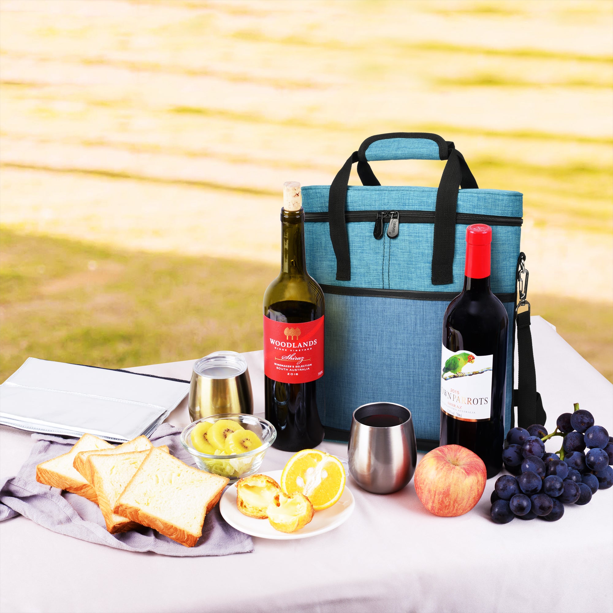 Blue 3 Bottle Wine Carrier with Corkscrew