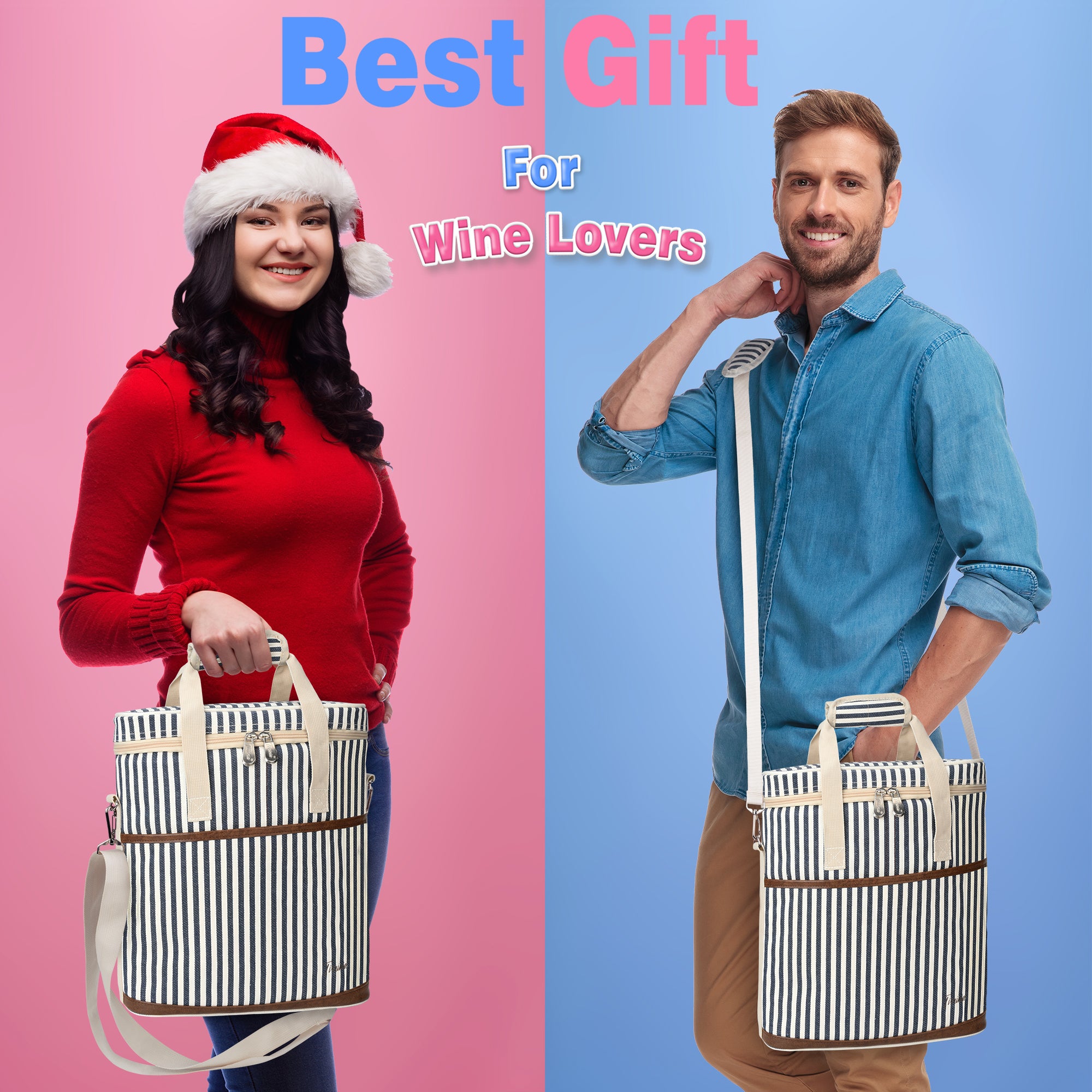 Blue Stripe 3 Bottle Wine Carrier with Corkscrew