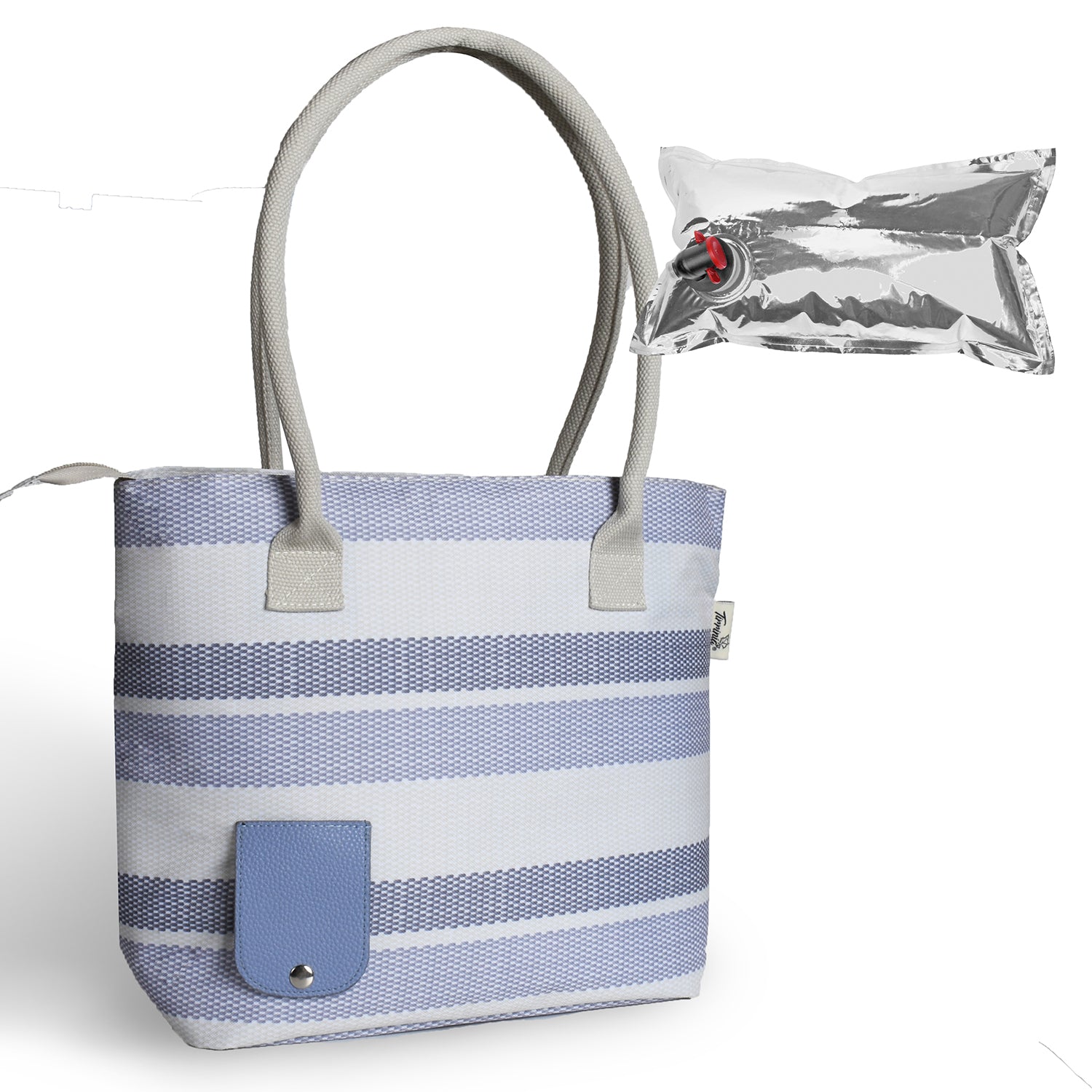 Blue & White Stripe Wine Tote Bag with Hidden Dispenser