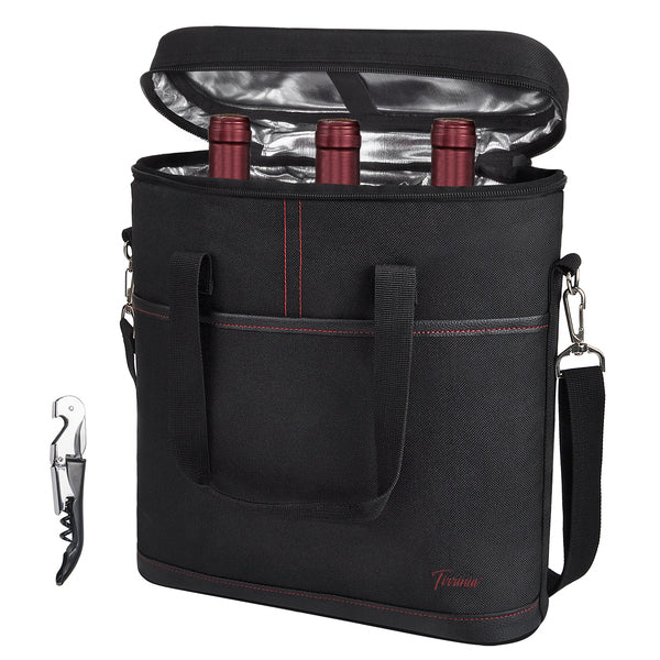Black 3 Bottle Wine Carrier with Corkscrew